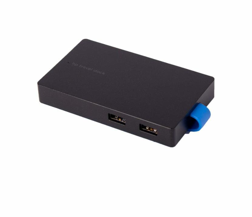 Tragbare HP Dock mit markanter blauer Zuglasche und klaren USB-Anschlüssen auf der Seite