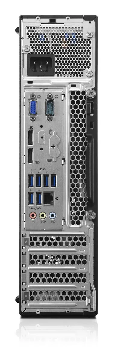 Technische Rückansicht eines Lenovo ThinkCentre Tower-Computers mit Erweiterungsslots und Kühlöffnungen