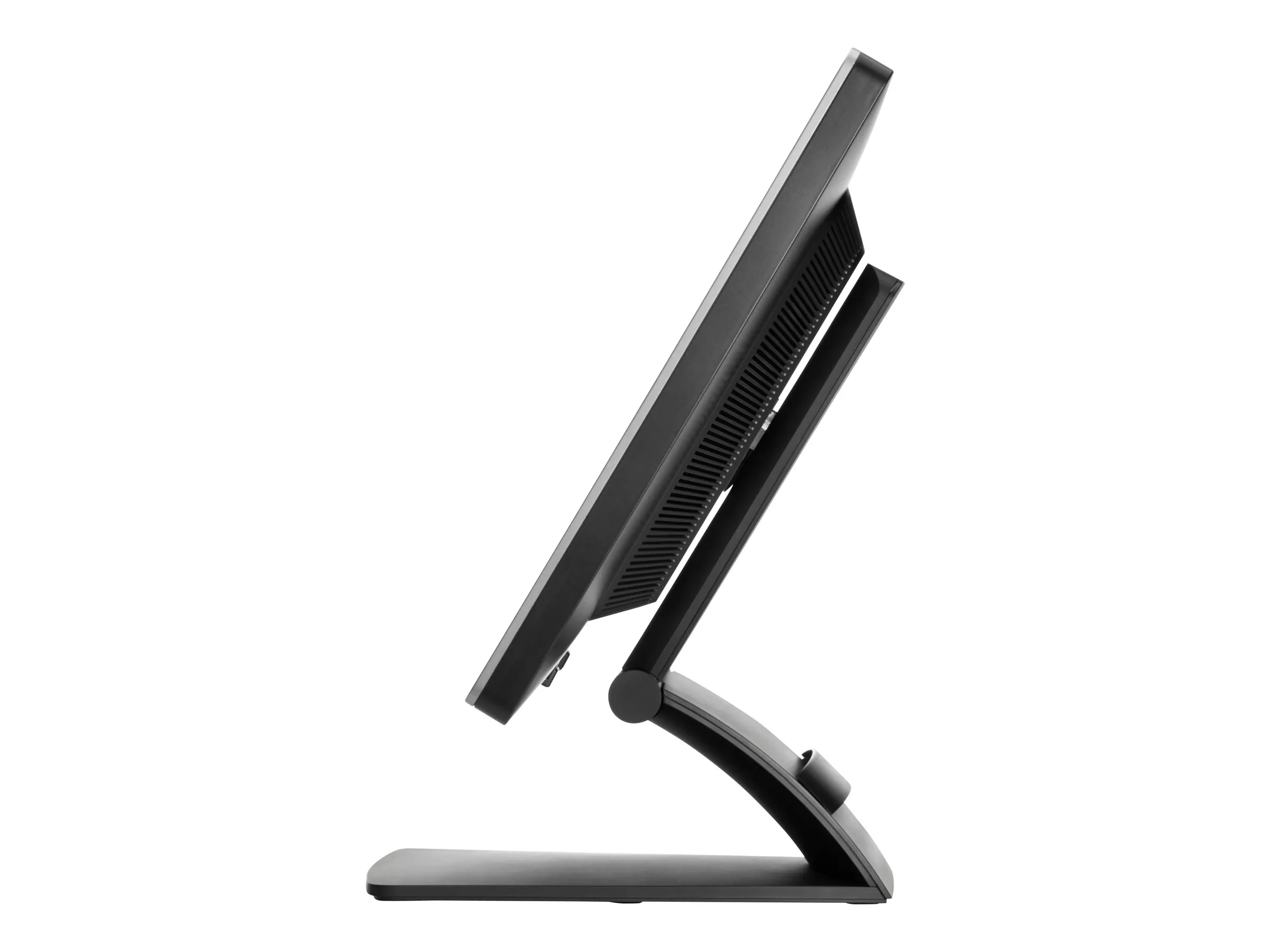 Seitlich aufgenommener Monitor mit ergonomisch geneigtem Bildschirm auf stabilem Standfuß