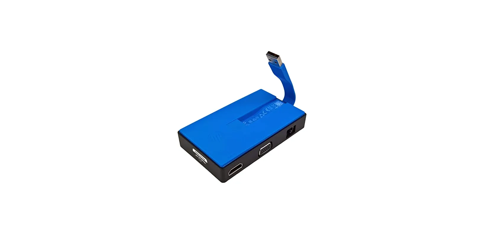 Kompakte HP Dockingstation in Blau mit integriertem USB-Anschlusskabel, seitlich sichtbare Anschlüsse