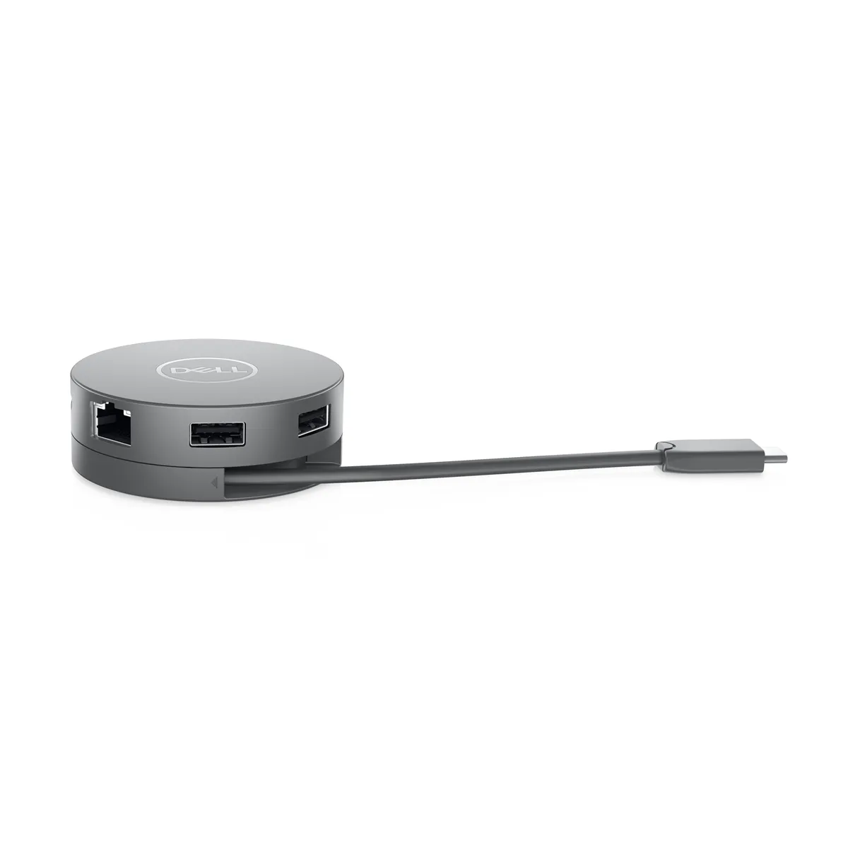 Runder Dell USB-C Adapter DA300 in Grau mit integriertem Anschlusskabel