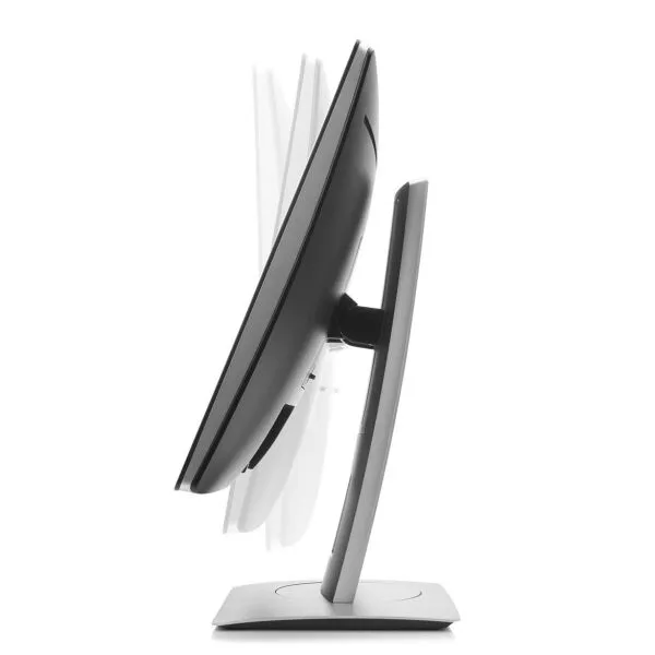 Darstellung des HP E222 Bildschirms mit ergonomischer Neigefunktion in verschiedenen Positionen