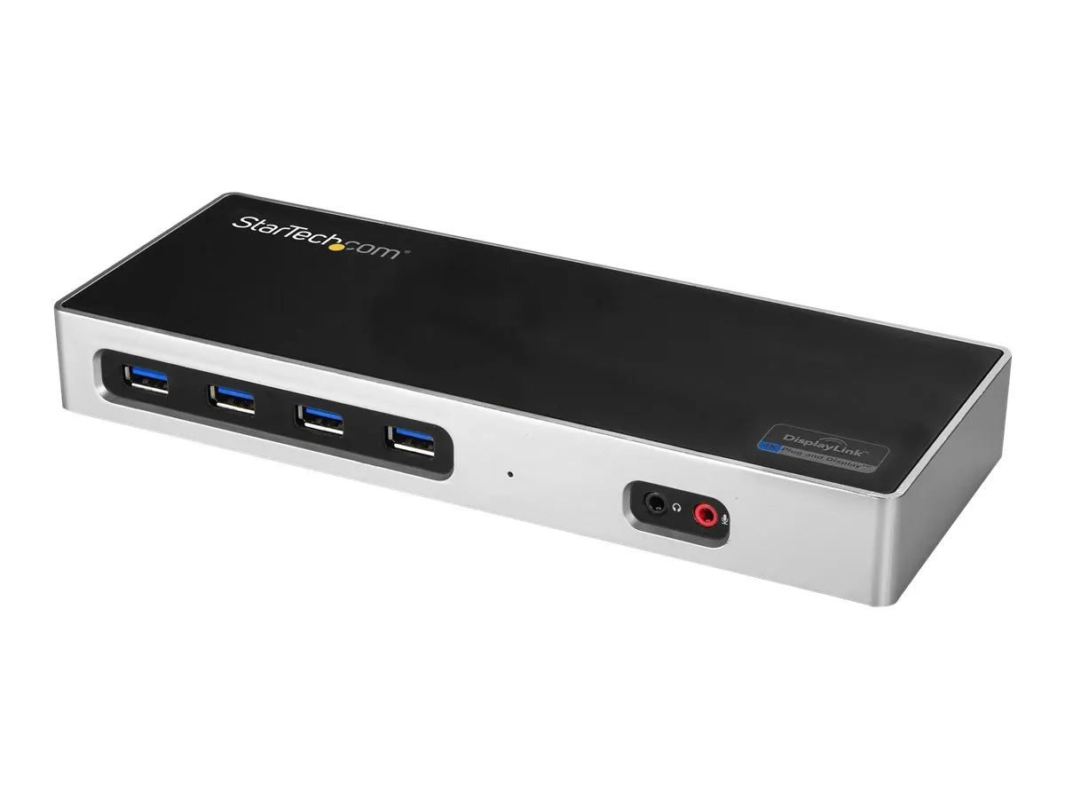 Abgewinkelte Ansicht der StarTech.com Dockingstation mit mehreren USB-Anschlüssen auf der Frontseite