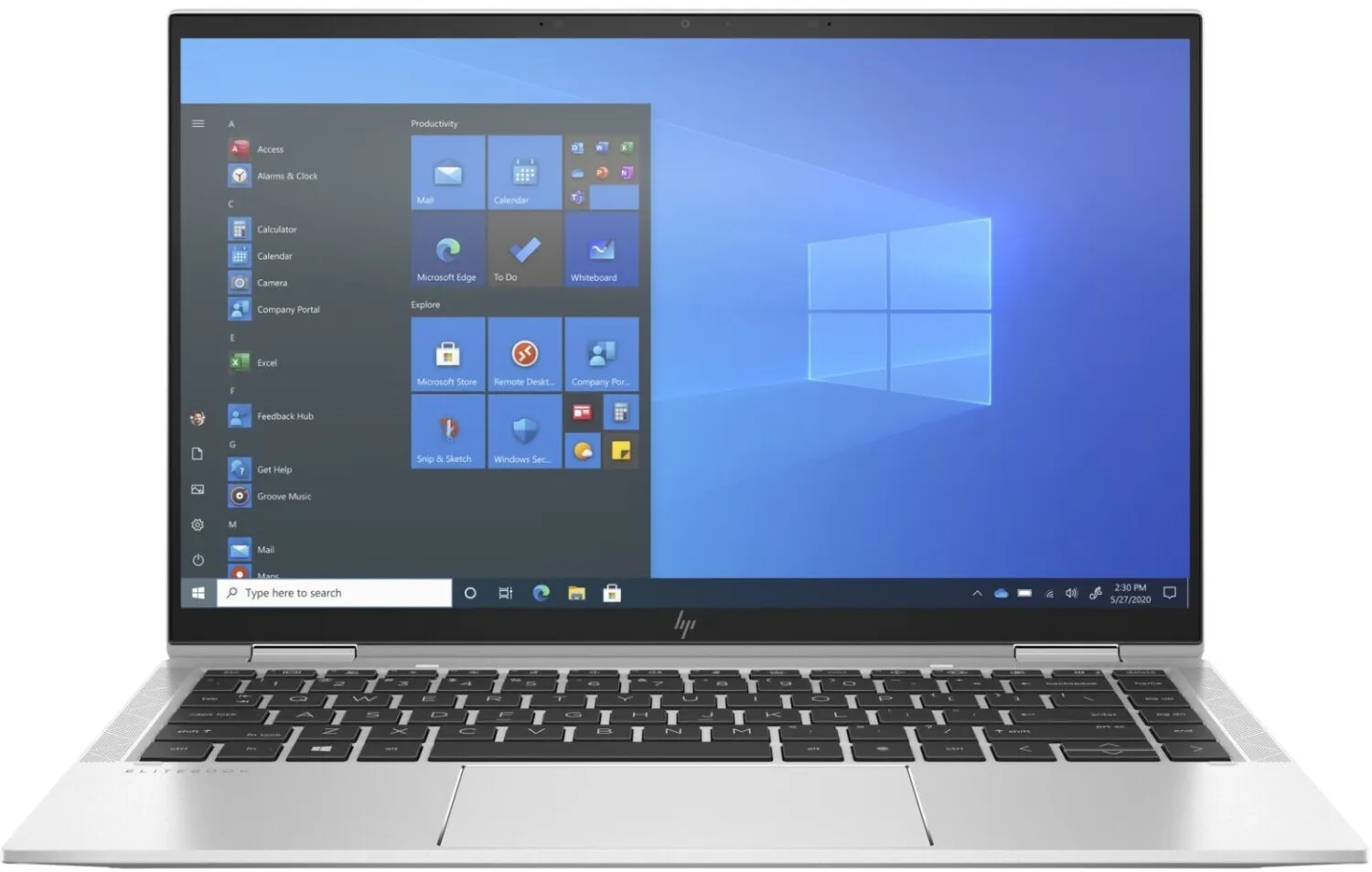 Frontansicht eines geöffneten HP Laptops mit Windows 10 Startmenü