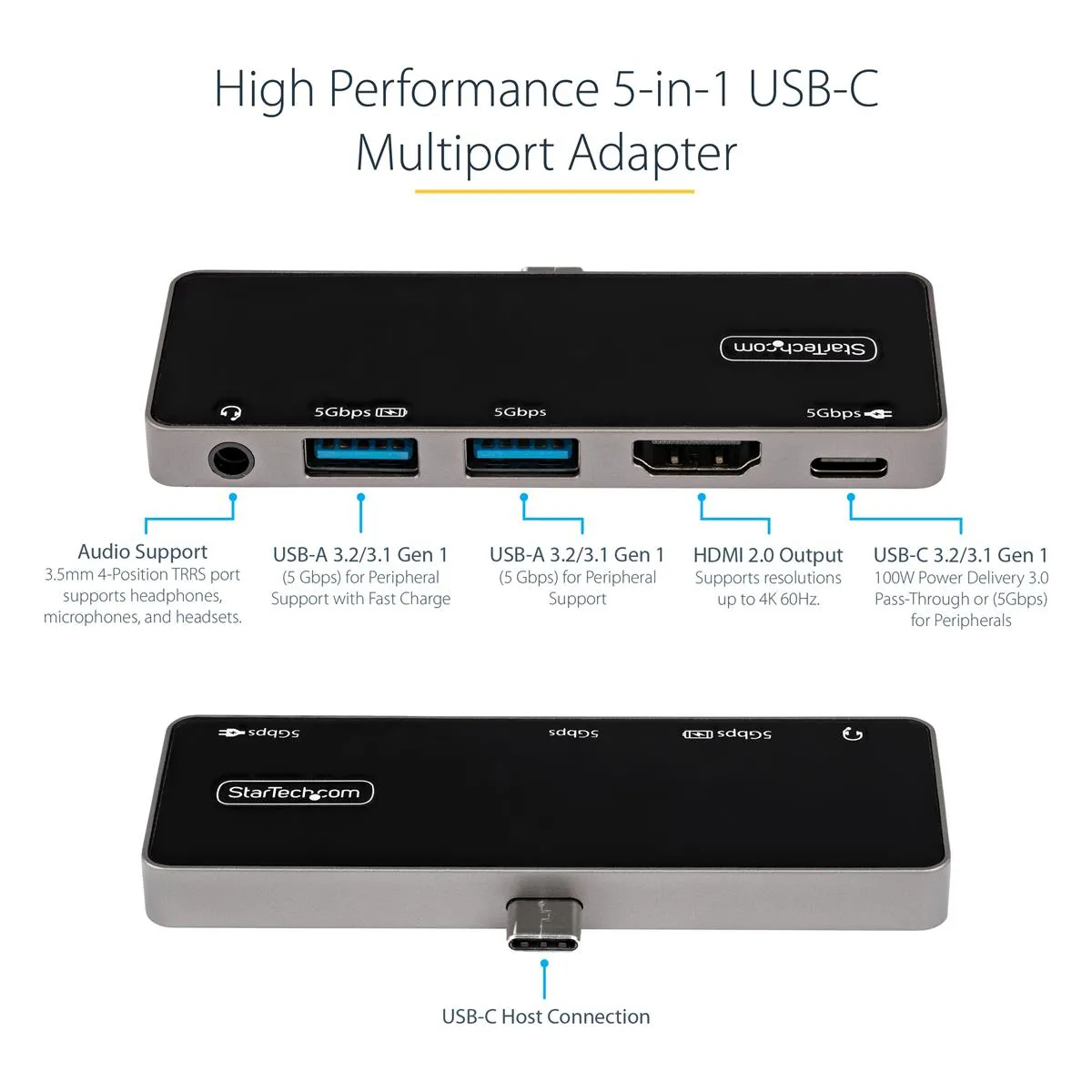 StarTech USB-C Multiport-Adapter | 4K 60Hz | HDMI 2.0, USB-C USB 3.0 | Travel Dock, Mini Dock