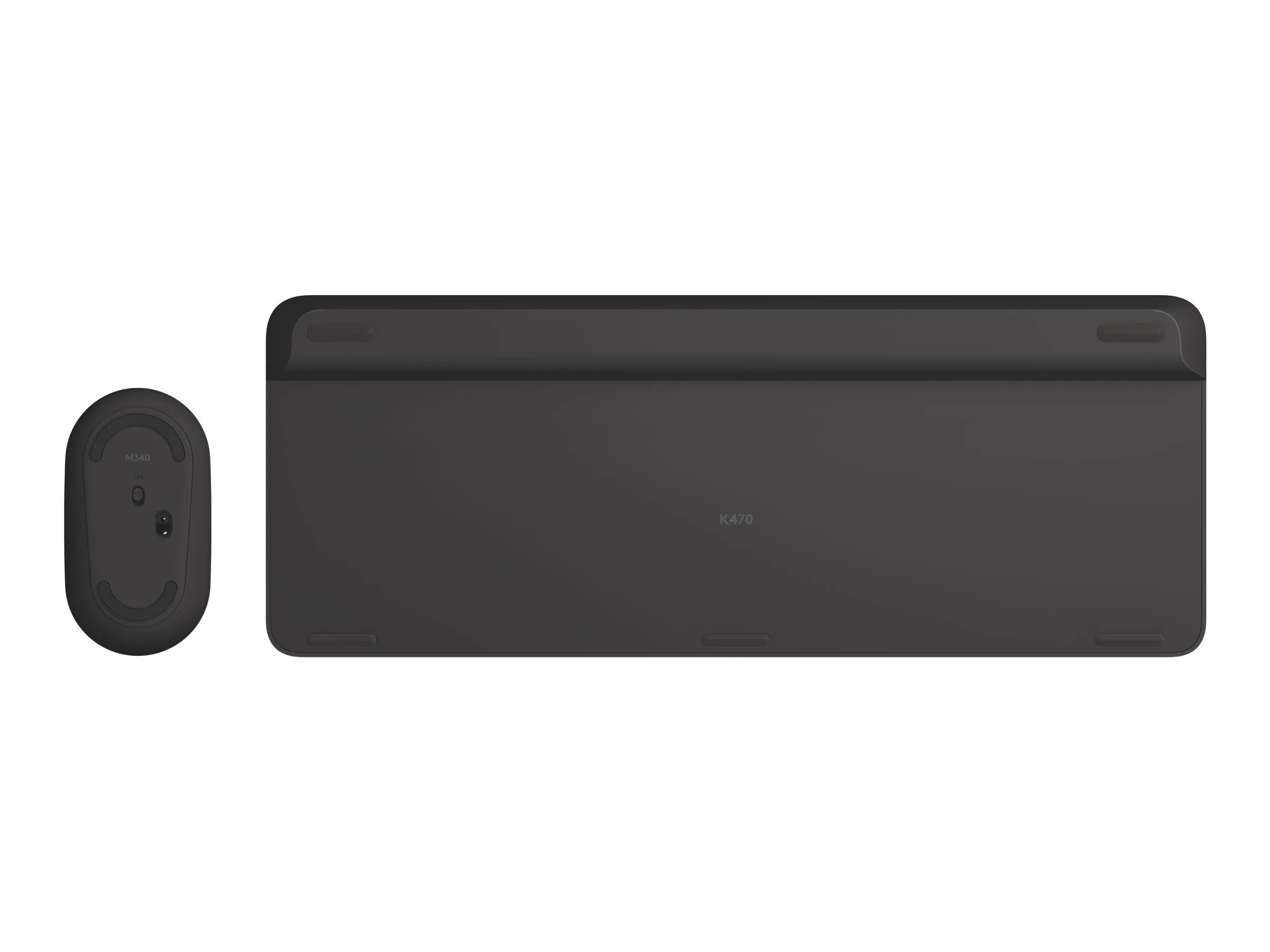 Rückansicht eines Logitech-Eingabesets mit klar erkennbaren Gleitflächen auf Tastatur und Maus