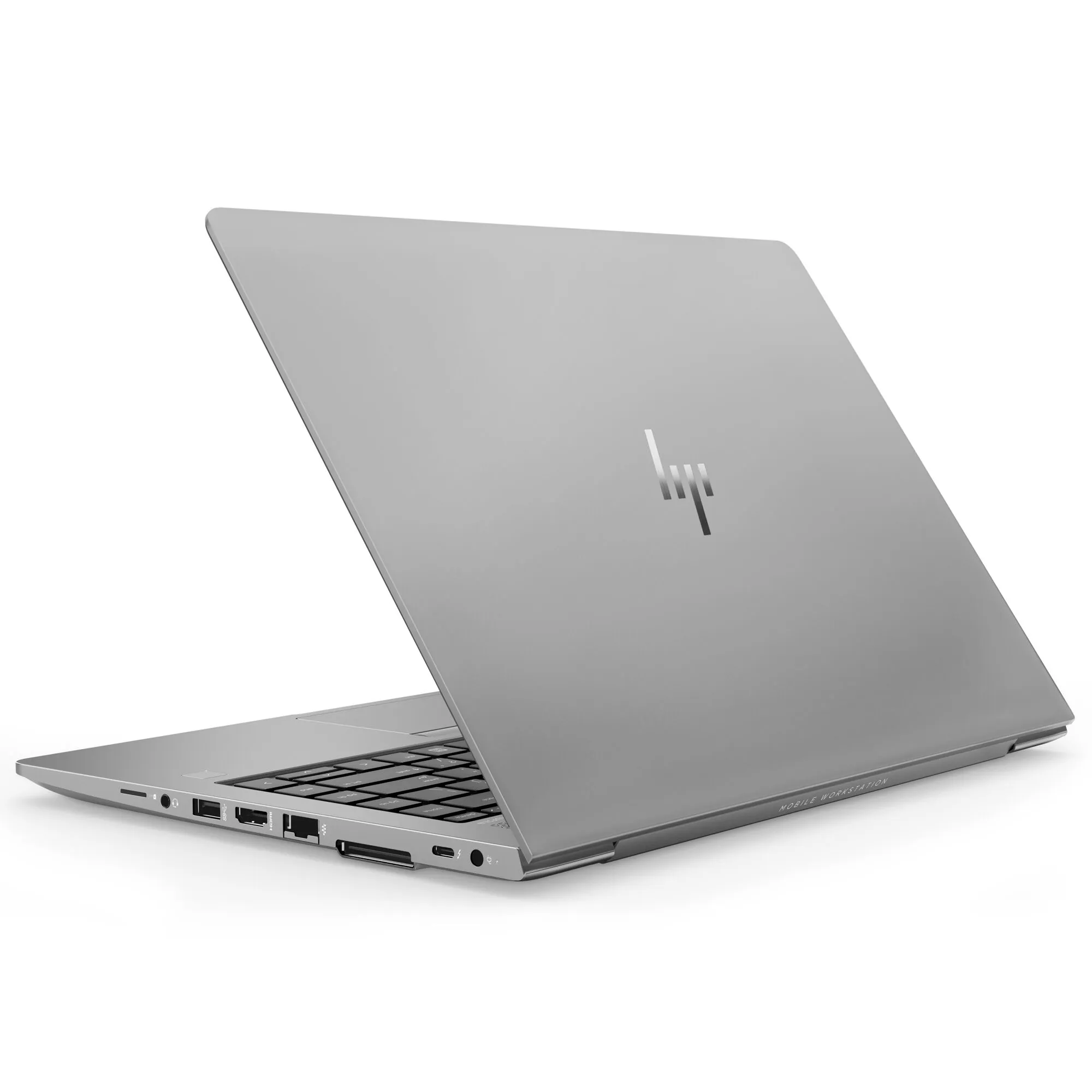 HP ZBook 14U Laptop in silberner Ausführung, leicht geöffnet von hinten seitlich fotografiert