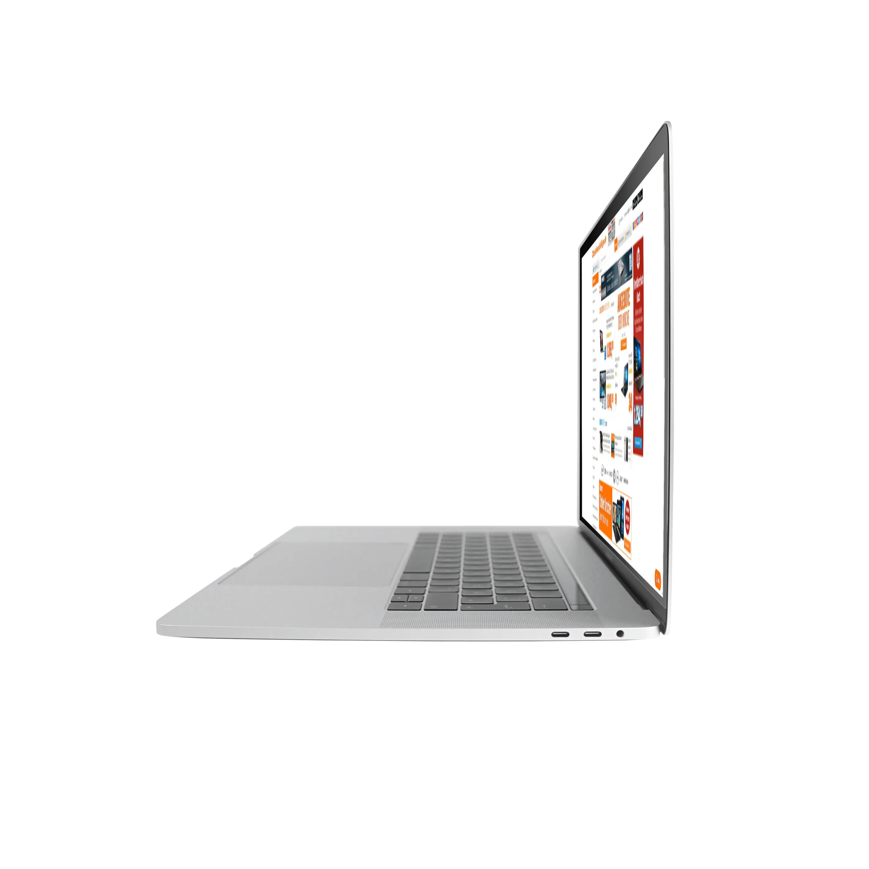 Apple MacBook Pro 2018 – seitliche Ansicht von rechts mit geöffnetem Display und sichtbarem Bildschirminhalt