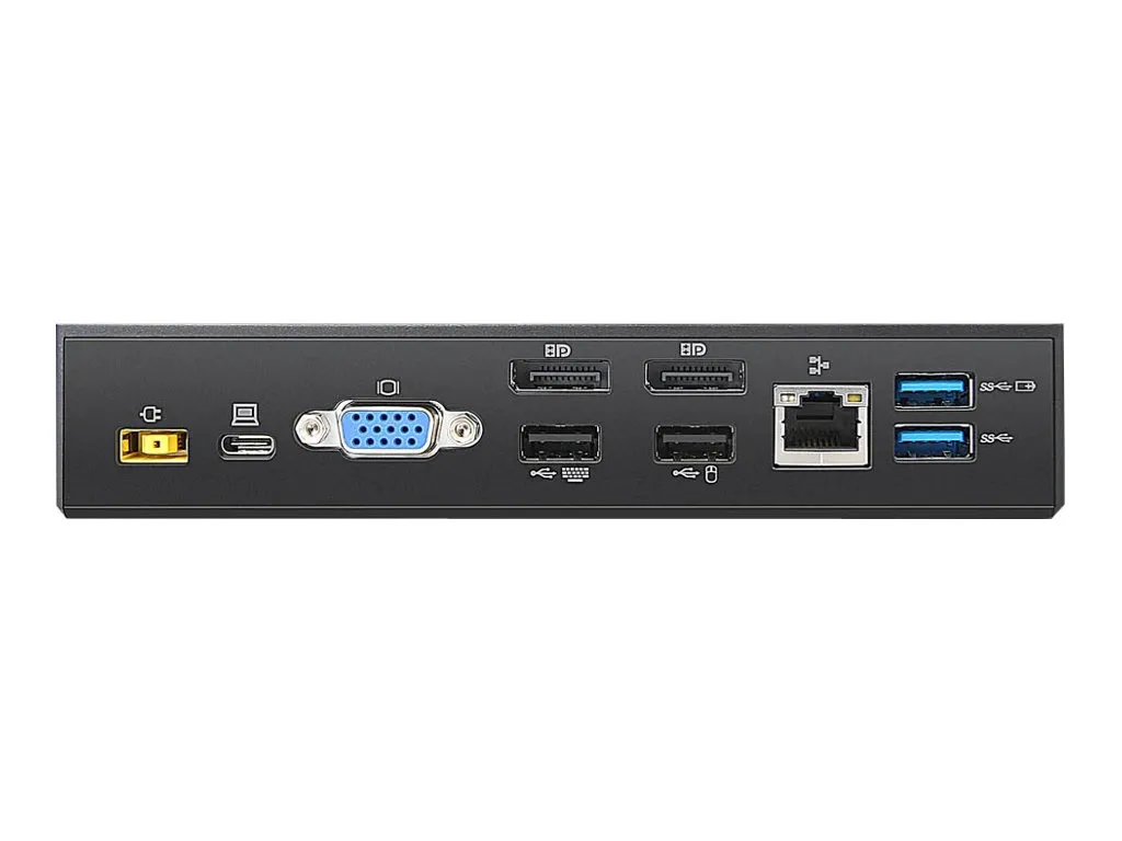 Direkte Rückansicht einer Lenovo Dock mit klar sichtbaren Schnittstellen wie VGA, DisplayPort und USB
