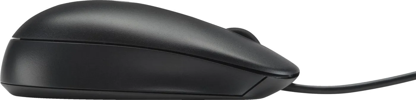 Detaillierte Seitenperspektive einer verkabelten HP-Maus mit klar definierter Form und mattem Finish