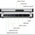 Dockingstation Vorder- und Rückseite mit Beschriftung der Anschlüsse, darunter USB-C, USB-A, HDMI, Audio und Ethernet