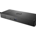 Dell WD19DC Dockingstation schräg von vorne mit Anschlussbereich und Kabel
