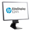 HP-Monitor mit silbernem Rahmen, präsentiert in schräger Desktop-Ansicht