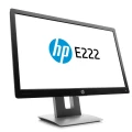 Schräge Frontansicht des HP E222 Bildschirms auf stabilem silbernem Standfuß