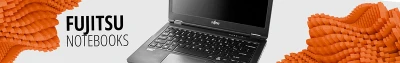 Grafisches Banner für Fujitsu Notebooks mit mobilem Computer