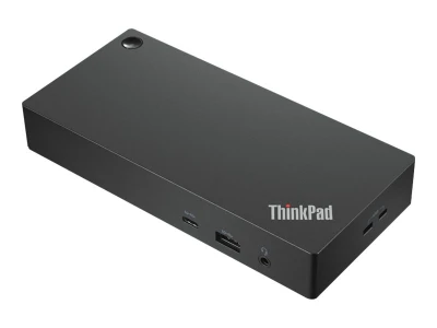 Lenovo ThinkPad Universal USB-C Dockingstation in schräger Ansicht mit USB-Anschlüssen und Audioanschluss.