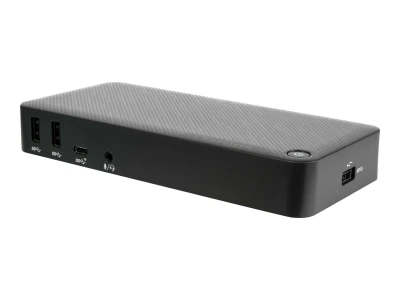 Targus Dockingstation mit zwei USB-A-Anschlüssen, einem USB-C-Anschluss, einem Audioausgang und seitlichem Netzanschluss