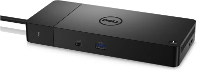 Dell WD22TB4 Thunderbolt 4 Dockingstation in schräger Ansicht mit Frontanschlüssen und Kabel