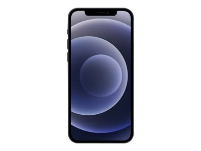 Schwarzes iPhone in voller Frontalansicht mit hochauflösendem Bildschirm und dunkelblauem Grafikmotiv