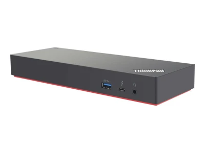 Lenovo ThinkPad Thunderbolt 3 Dock in Perspektivansicht mit USB-Port und Audioanschluss.