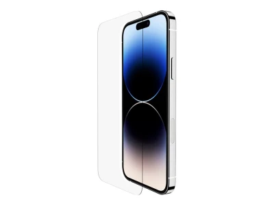 Apple iPhone mit weißem Panzerglas-Displayschutz in schräger Frontansicht