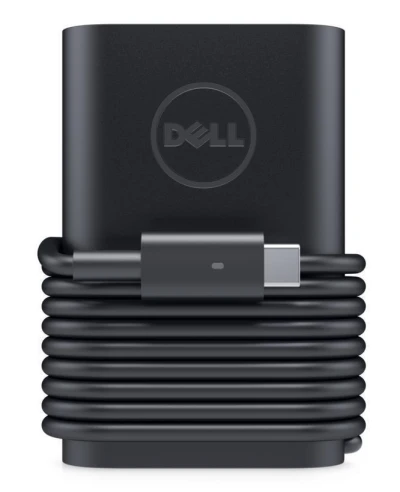 Schwarzes Dell-Netzteil mit aufgewickeltem USB-C-Kabel in der Vorderansicht
