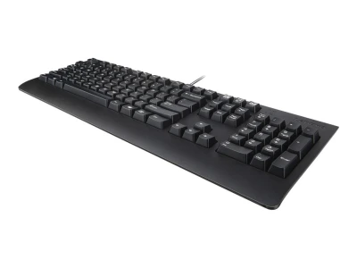 Seitliche Ansicht einer kabelgebundenen schwarzen Tastatur mit klassischem QWERTZ-Layout