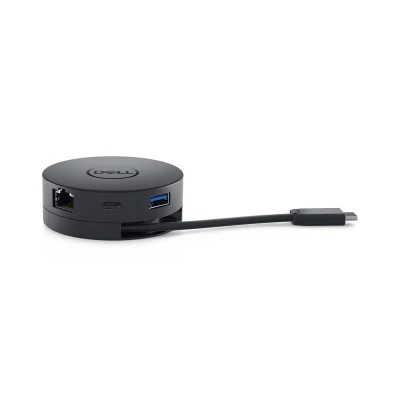 Runder Dell USB-C Adapter mit Ethernet-, USB-A- und HDMI-Anschluss