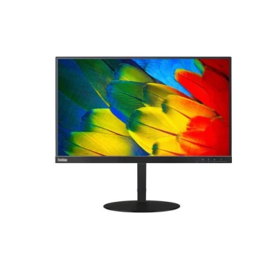 Lenovo-Monitor mit ultraschmalem Rahmen und farbenfroher Papageienfeder-Grafik auf dem Display