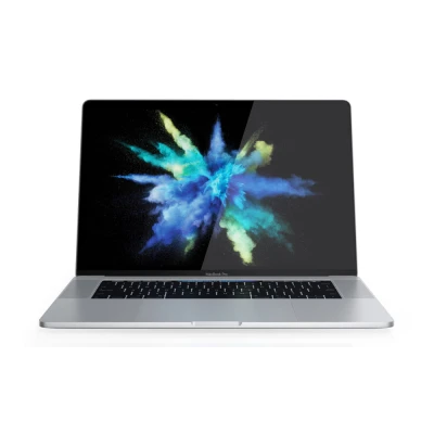 Apple MacBook Pro 2018 in geöffneter Frontalansicht mit dynamischem Display-Hintergrund