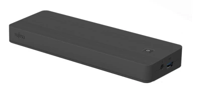 Schräg dargestellte Fujitsu USB-C Dockingstation mit kompakter Bauform und Ports an der Seite