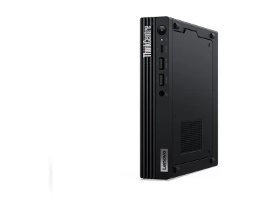 Seitliche Ansicht eines Lenovo ThinkCentre Desktop Mini-PCs in schwarz