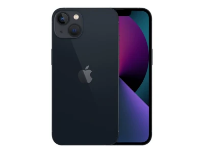 Schwarzes Apple iPhone 13 mit Vorder- und Rückansicht, Display zeigt farbiges Hintergrundbild