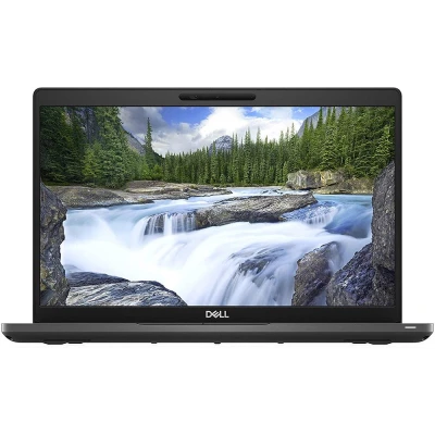 Dell-Notebook mit naturgetreuem Wasserfall auf dem Bildschirm, frontale Ansicht
