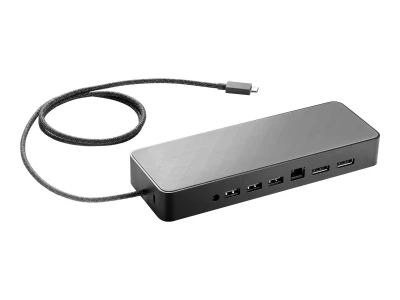 Seitlich fotografierte USB-C Dockingstation mit Netzwerkkabel- und USB-Anschlüssen