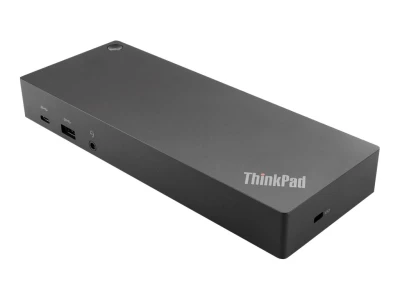 Lenovo ThinkPad Hybrid USB-C und USB-A Dock in schräger Ansicht mit sichtbaren Frontanschlüssen.