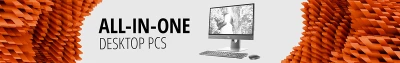 All-in-One PC Werbegrafik mit Monitoren, Tastatur, Maus und Markenlogos.