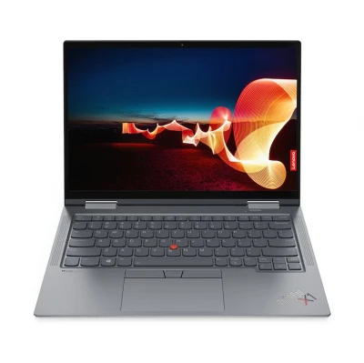 Frontansicht des geöffneten Lenovo ThinkPad X1 Yoga Notebooks mit beleuchtetem Display und sichtbarer Tastatur
