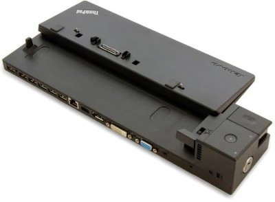 Schräg dargestellte Lenovo ThinkPad Dockingstation mit Dockinganschluss und Halterung