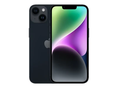 Schwarzes iPhone 14 von Apple mit leuchtendem Bildschirmdesign und sichtbarer Rückseite