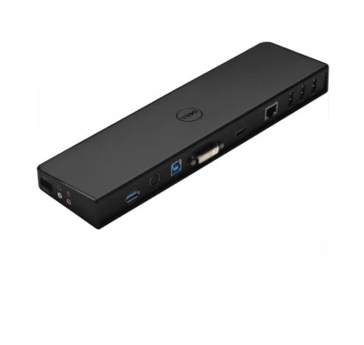 Schwarze Dell Dockingstation mit diversen Anschlussmöglichkeiten, darunter USB, DVI, Ethernet und Audio