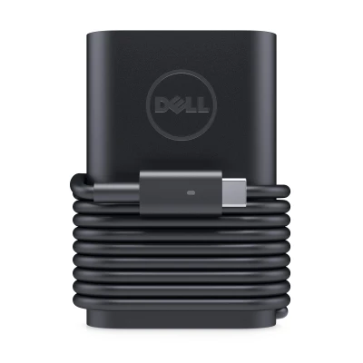 Dell Laptop-Ladegerät mit aufgerolltem USB-C-Kabel und rundem Netzadapterdesign