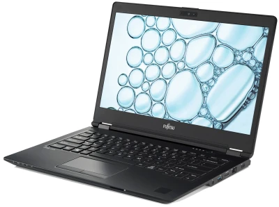 Fujitsu-Laptop mit geöffneter Blasen-Grafik auf dem Bildschirm