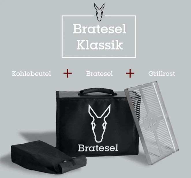 Bratesel Klassik - Holzkohlegrill mit "Klassik Grillrost" und Kohlebeutel sowie Transporttasche Schwarz