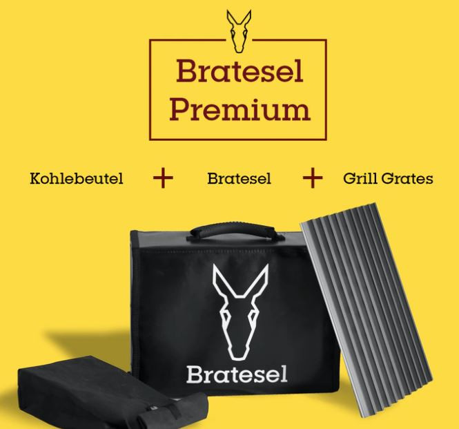 Bratesel Premium - Holzkohlegrill mit Premium "Grill Grates" und Kohlebeutel sowie Transporttasche Schwarz
