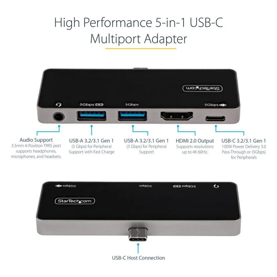StarTech USB-C Multiport-Adapter | 4K 60Hz | HDMI 2.0, USB-C USB 3.0 | Travel Dock, Mini Dock
